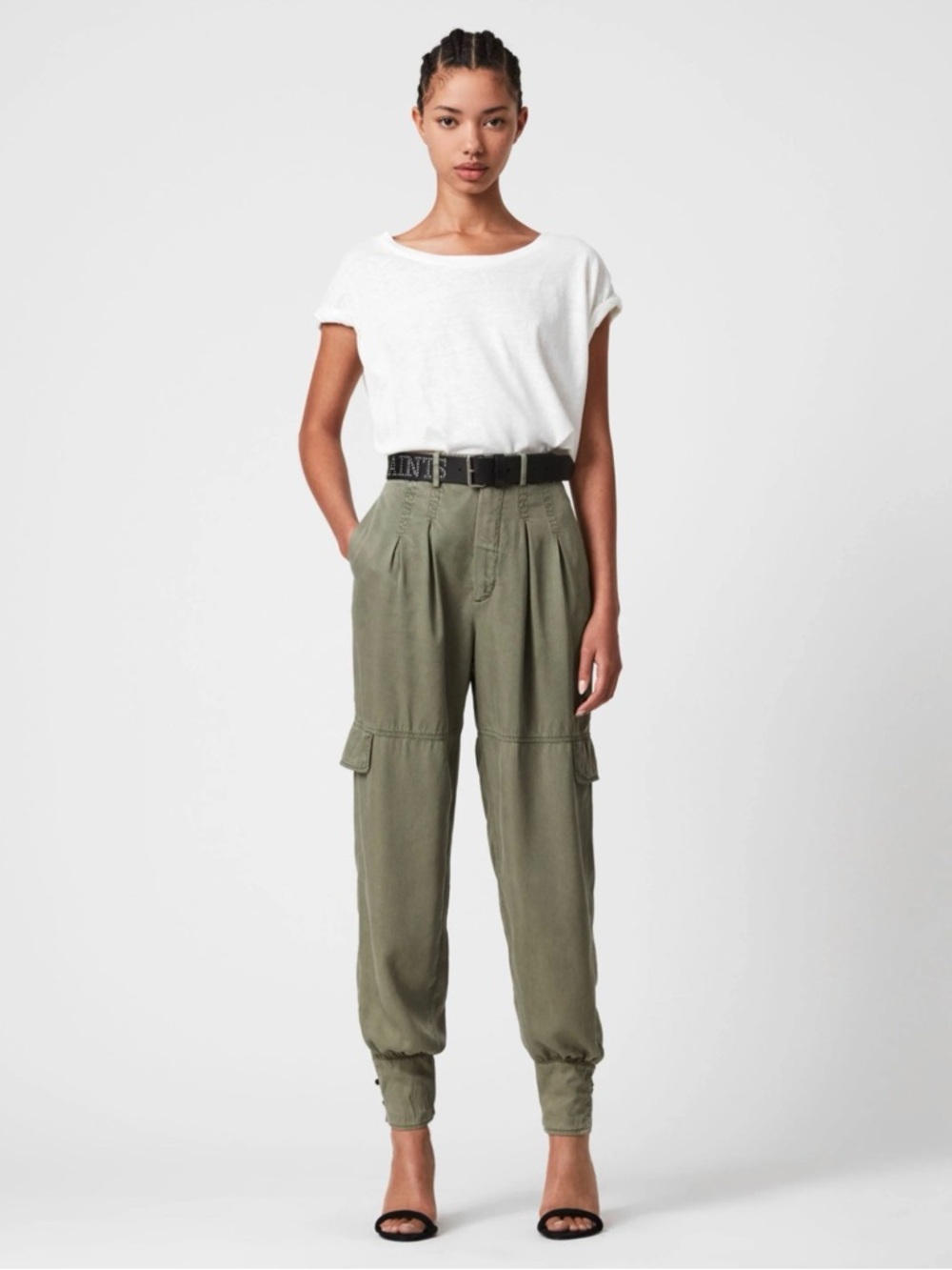 AllSaints Khaki Green Lira High Rise Crop Utility Cargo Trousers Pants Size 4